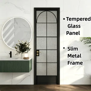 Swing Partition Door, Patterned Tempered Glass, Metal Frame, Sound Insulation, Guest Bathroom Installation