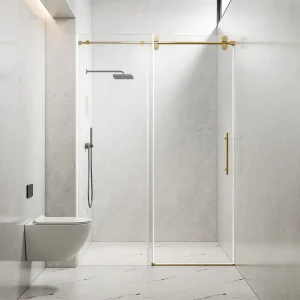 Tempered Glass Frameless Sliding Shower Door with Golden Stainless Steel Hardware, Hotel Bathroom Enclosure, Factory Customization