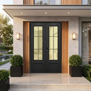 Tempered Insulated Glass Cast Aluminum Double Swing Entry Door 6063-T5 Villa Hotel Apartment