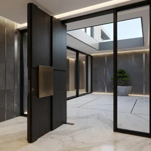 Thermal Break Aluminum Main Door Wave Carved Surface Soundproof Double Entrance Door With Golden Trim