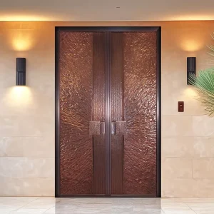 Three-dimensional Carved Copper Door with Cast Aluminum Gate, Residential Exterior Pivot Entrance Door