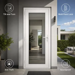 Tilt and Turn UPVC Casement Security Door with Multi-Point Lock, Double-Glazed, Soundproof, for Villa