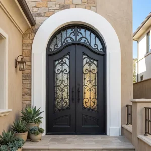 Traditional Arched Wrought Iron Side-Opening Swing Double Door with Glass Villa Entrance Decorative Exterior Door Custom