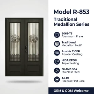 Traditional Medallion Glass Cast Aluminum Double Entry Door 6063-T5 Frame Villa Hotel Main Door