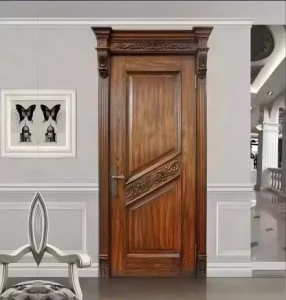 Traditional Rubber Wood Outdoor Main Entrance Door Red Oak Veneer Weather Resistant Residential Villa
