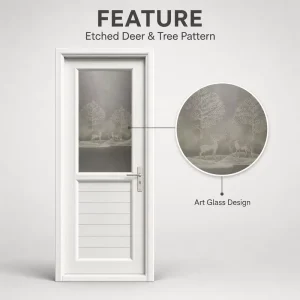 UPVC Swing Door, Deer-Design Art Glass, White Finish, Customizable Colors, Lever Lock, EPDM Seal, Multi-Chamber Profile