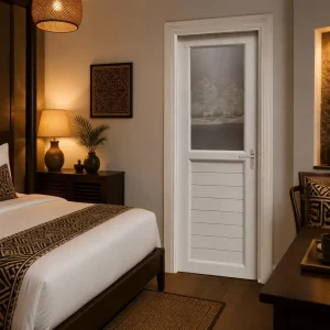 UPVC Swing Door with Etched Art Glass, White Finish, Slatted Bottom, Multi-Point Lock, Thermal Insulation, Custom Colors