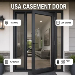 USA NFRC Aluminum Casement Door with Screen, Double Glazed Low-E Glass, Multipoint Locking, Sound Insulation