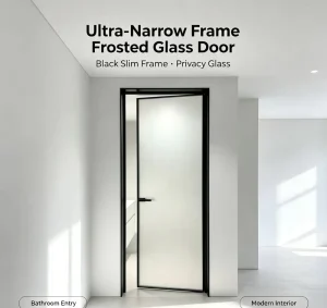 Ultra Narrow Black Frame Frosted Glass Swing Door Slim Aluminum Privacy Hinged Water Resistant Electric Side Bedroom Wine Cellar