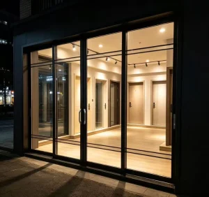 Ultra-Narrow-Frame 4-Track Linkage Sliding Glass Door, Aluminum Multi-Panel, Double-Glazing Tempered Glass, Interior Garden