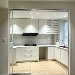 Ultra Narrow Overhead Track 3 Panel Sliding Door Slim Aluminum Frame Transparent Tempered Glass