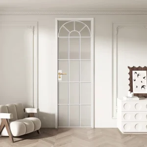 Minimalist White Swing Glass Door with Slim Aluminum Frame and Tempered Frosted Safety Glass for Boutique Hotels