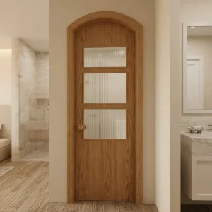 Vacuum Membrane-Pressed PVC Arch Wood-Glass Bathroom Door with Reed Glass and Frosted Striped Panel