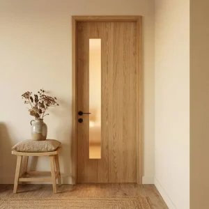 Vertical Grain White Oak Veneer Internal Door with Long Vertical Frosted Glass Insert Custom Sizes