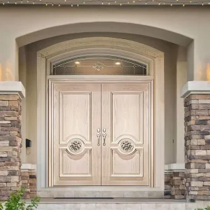 Villa Exterior Front Entry Door in White Oak Solid Wood with Double Doors
