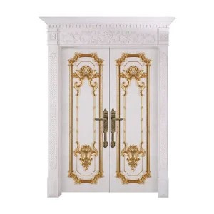 Villa Front Entrance White and Gold Handmade Carved Wood Door