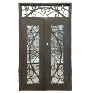 Villa Main Entry Door Exterior Eyebrow Shape Decorative Grille Double Wrought Iron Entrance Door with Transom