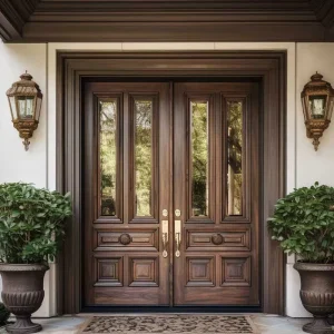 Vintage American Style Solid Wood Double Front Doors with Custom Teak Glass for Villas
