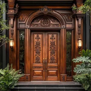 Vintage Arched Carved Wooden Exterior Main Entrance Door with European Design Oak Front Villa Door
