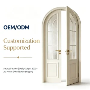 Vintage Cream Arched Double Door, Custom Glass, Aluminum and Wood Composite Interior Door