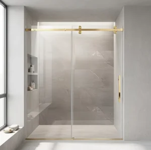 Wall to Wall Brushed Gold 304 Stainless Steel Framed Bypass Sliding Shower Door Tempered Glass Enclosure Home Renovation