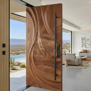 Walnut Natural Wood Veneer Wavy Grain 3D Panel Exterior Pivot Front Entry Door