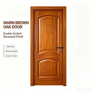 Warm Brown Oak Interior Door with Double Arched Recessed Panels and Antique Bronze Handle