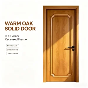 Warm Oak Solid Wood Interior Door with Cut-Corner Recessed Frame and Matte Black Handle for Villa Renovation Projects