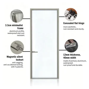 Waterproof Aluminum Alloy Bathroom Glass Door with Invisible Hinges and Lock Set