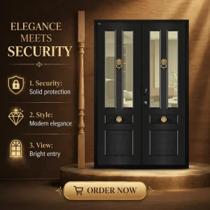 Waterproof Cast Aluminum Double Entry Door 6063-T5 Frame Fireproof PU Core for Villa
