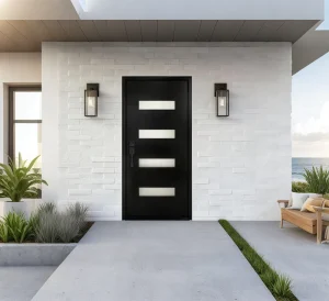 Waterproof Contemporary Steel Door with Black Vinyl Frame, Manual Opening