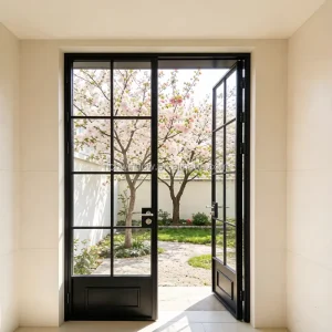 Waterproof French Arch Swing Double Door with Horizontal Opening Aluminum Grille Fiberglass Glass for Bathroom