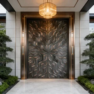 Wave Texture Geometric Cutout Modern Bronze Copper Entrance Door with Matte Oxidized Finish