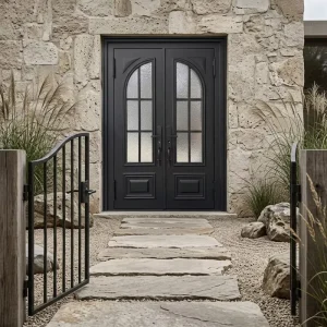 Weatherproof Rust-Resistant Wrought Iron Double Villa Entrance Door with Gold Finish