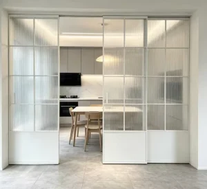 White Aluminum Sliding Partition Door with Grilles and Reeded Glass for Kitchen