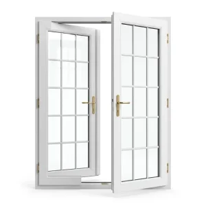 White Double Door Grid Pane Gold Handle Outward Swing Multi-Chamber Insulated PVC French Door for Villa Porch