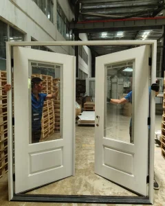White Double Fiberglass Entry Door Long and Short 2-Lite Design Built-In Louver Glass Low-E Coating