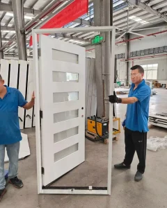 White Fiberglass Prehung Door with 6-Square Grille, Low-E Frosted Glass, and Silver Frame