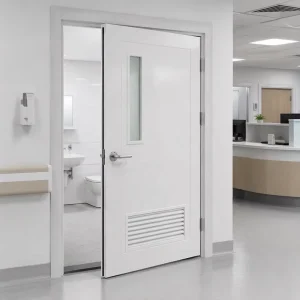 White Hospital Ward Toilet Door with Frosted Window and Bottom Ventilation Louver