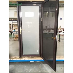 Wood Grain Aluminum Alloy Casement Swing Door with Invisible Glass and Stainless Steel Mesh Screen for Apartments