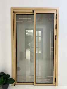 Wood Grain Aluminum Single-Glass PT Interior Partition Sliding Swing Door With Frosted Glass Grid Design
