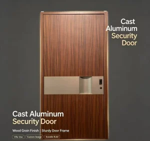 Wood Grain Cast Aluminum Single Entry Door with Recessed Decorative Panel and Fiberglass