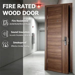 Wood Grain Fire Rated Interior Door Soundproof Fireproof Wooden Door with Smart Lock for Hotels and Commercial Projects