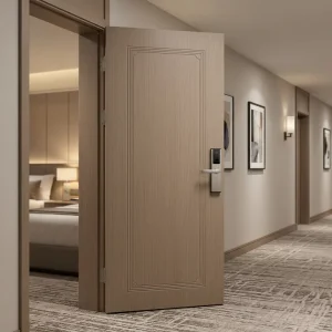 Wood Hotel Room Door with Vacuum Membrane Finish, 3D Embossed Carved Line Design, Solid Core