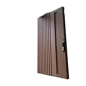 Wooden Grain Grille Soundproof Aluminum Stainless Steel Anti-Theft Security Front Entry Door with Smart Lock