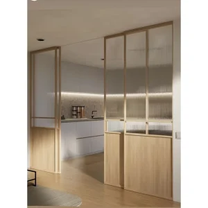 Wooden Sliding Door with Fluted Glass Shaker Style Multi-Slide Panels Interior Partition Door