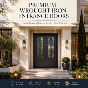 Wrought Iron Double Entry Hand-Forged Security Door Tempered Glass Anti-Rust Exterior Swing Door Villa Main Entrance