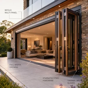 Modern Aluminum-Clad Wood Folding Door, Thermal-Break Double Glazing, Bi-Fold Accordion-Style Patio Door for Bedrooms, Villas, and Hotels