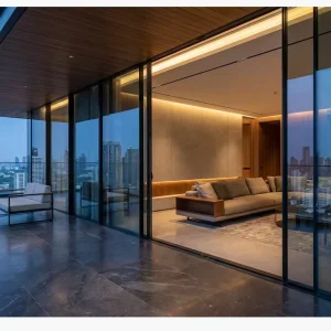 138 Model 38mm Ultra-Slim Panoramic Glass Sliding Door with Interlocking Aluminum Frame for Balcony and Patio