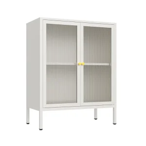 2-Door Metal Buffet Sideboard Storage Cabinet with Fluted Glass, Custom Color, 3-Tier Foldable Design